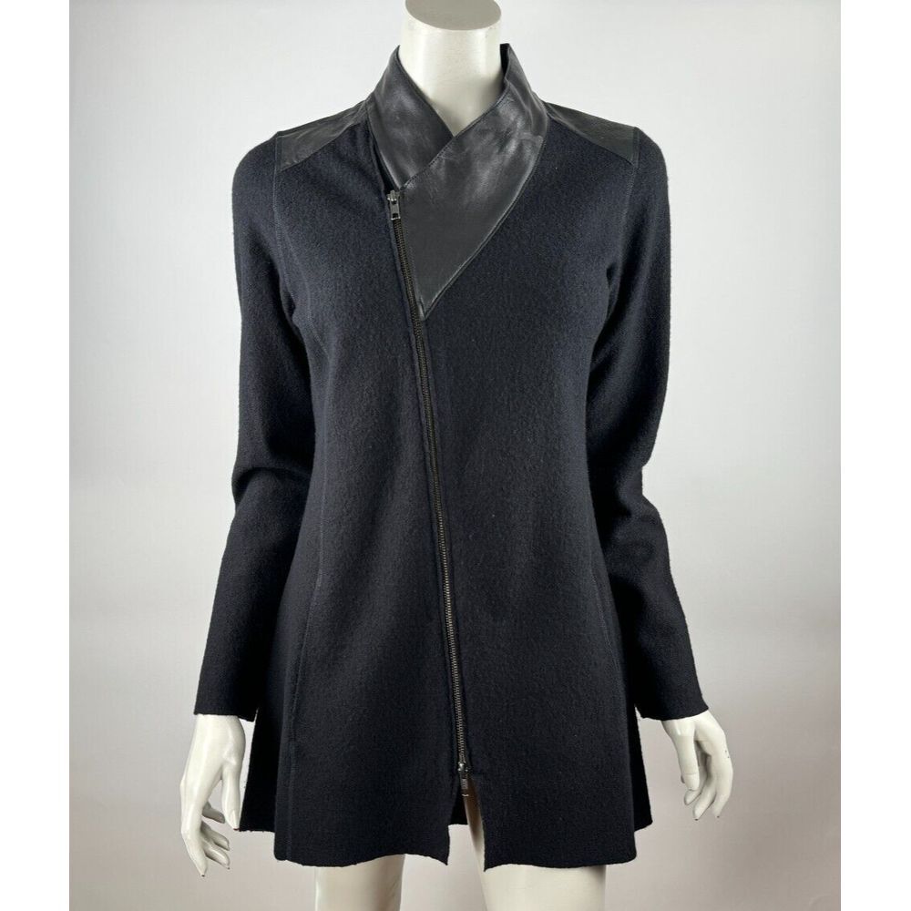 Eileen Fisher Merino Wool Leather Trim Jacket Women S Flaw* Long Sleeve Full Zip